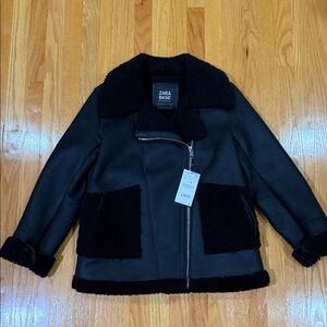 Zara Real Sheep Leather Black Faux Shearling Aviator Jacket